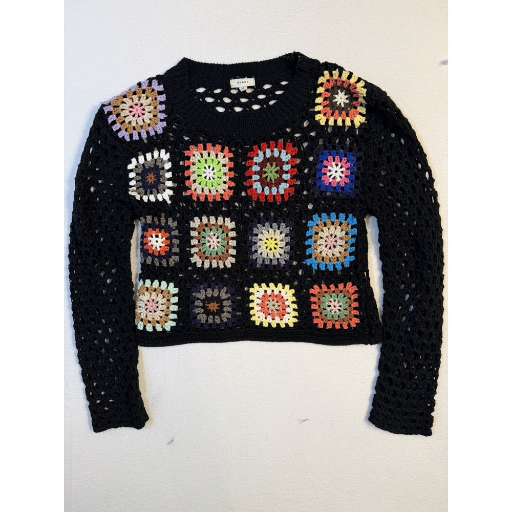 Debut Cardigan Womens XS Cream Crochet‎ Granny Square Patchwork Cropped Bohemian